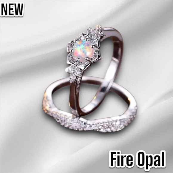 New White Fire Opal Flower CZ Crystal Vintage Wedding Engagement Ring Set - Picture 5 of 14